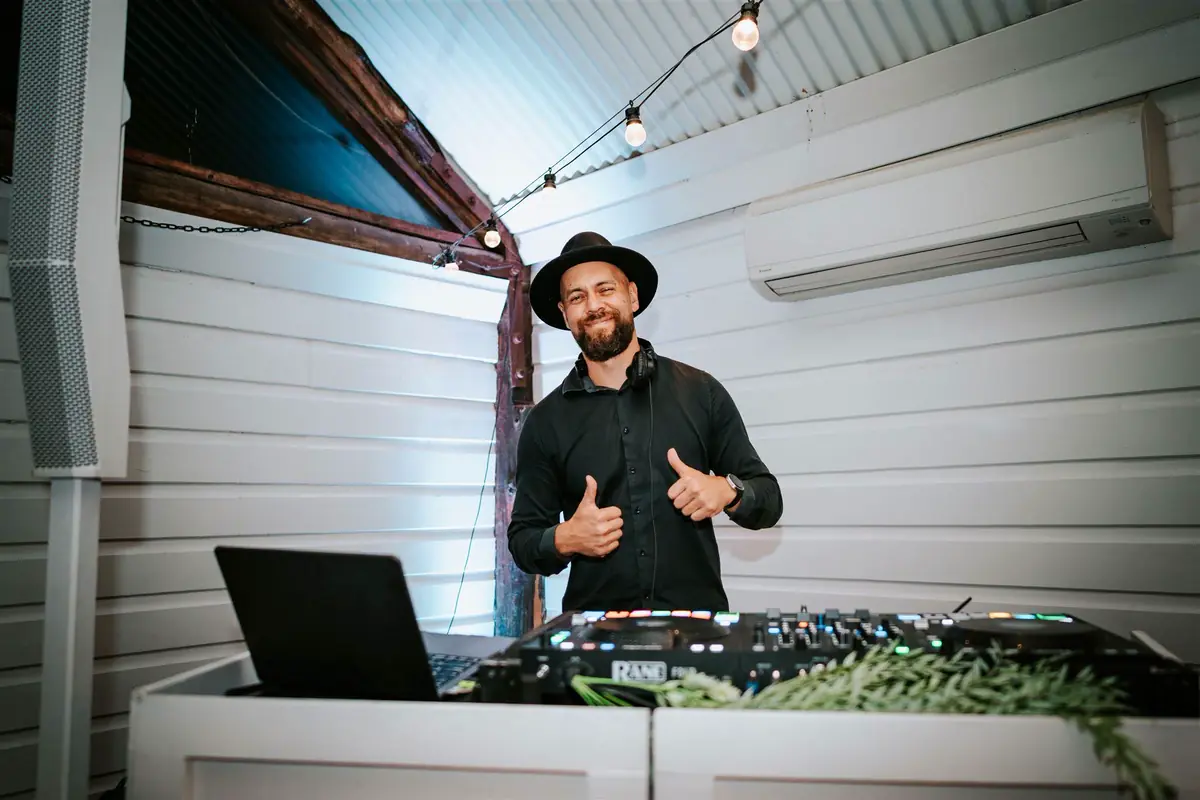 Dan Searle behind the decks at Matt and Dom's wedding at Robertson Public House