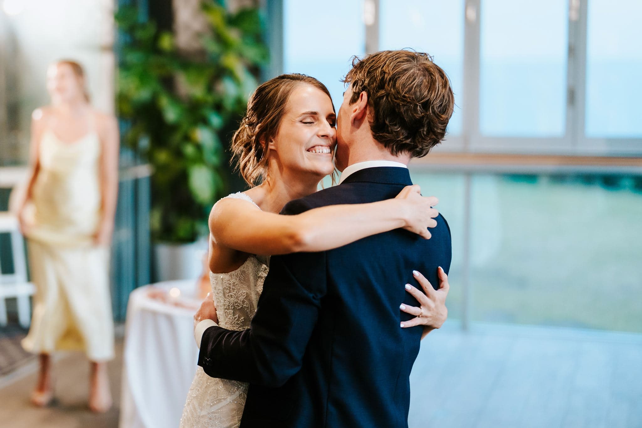Mandy smiling as she dances with Marcus at Headlands Hotel