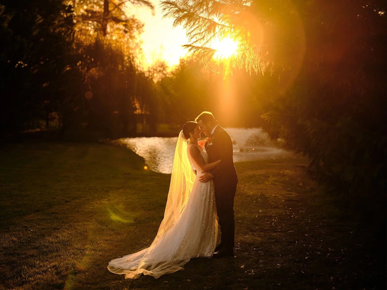Phil and Caela together in golden evening light in the gardens at Montrose House