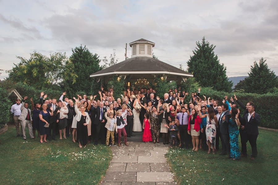 Rhianna and Jason celebrating with their wedding guests at Ravensthorpe