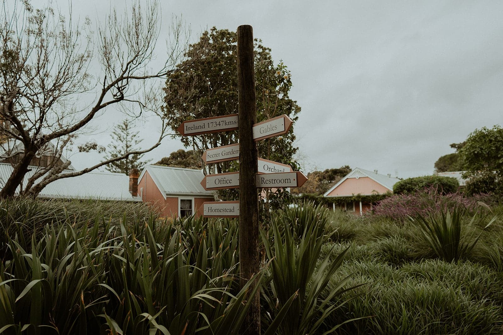 The gardens and buildings at Greyleigh Kiama under an overcast sky