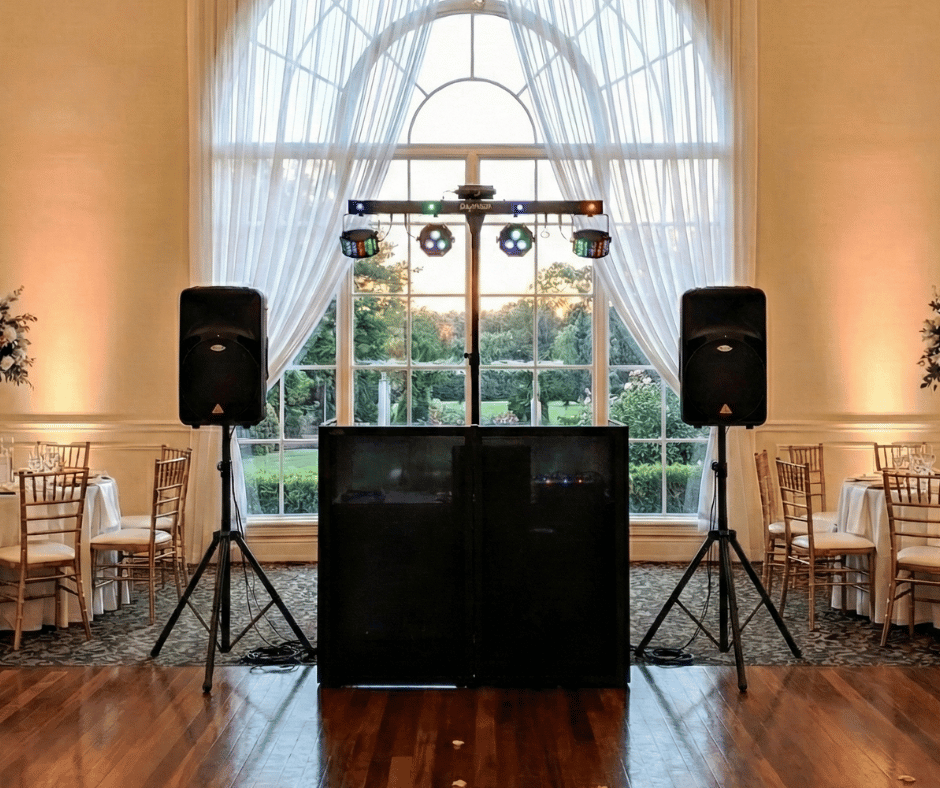 Gold wedding DJ sound and lighting setup