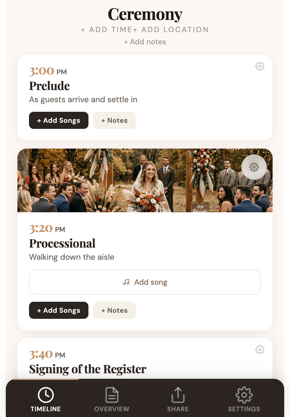 Our wedding app timeline showing ceremony moments, song choices and notes